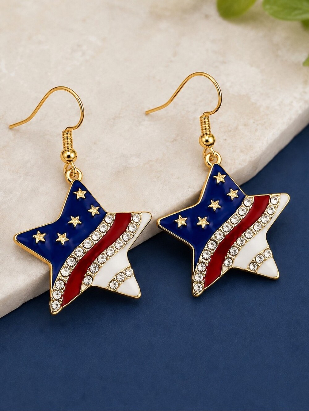 Patriotic Star Fishhook Earrings Red White Blue Rhinestone 4th Of July